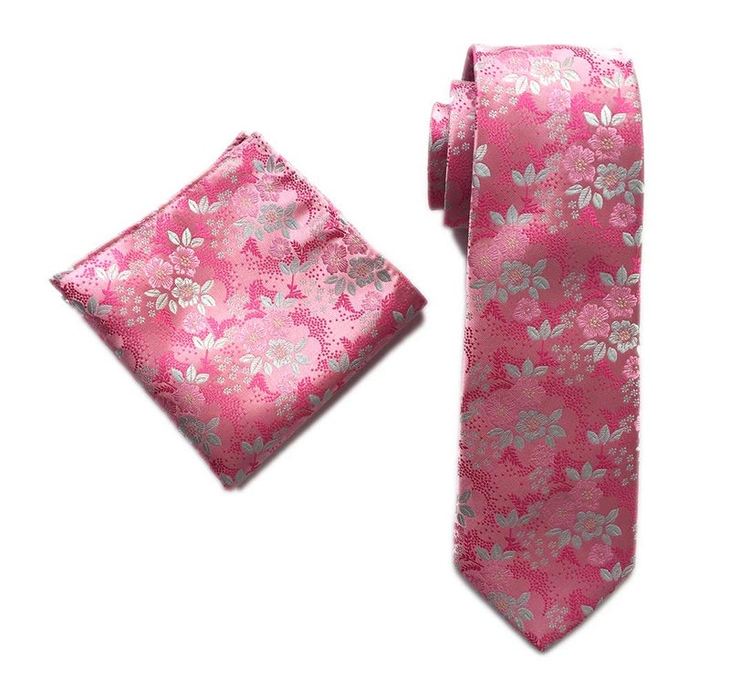 Ctskyte Men's Boys Pink White Tie Summer Floral Party Wedding Woven Silk Paisley Necktie - Image 1